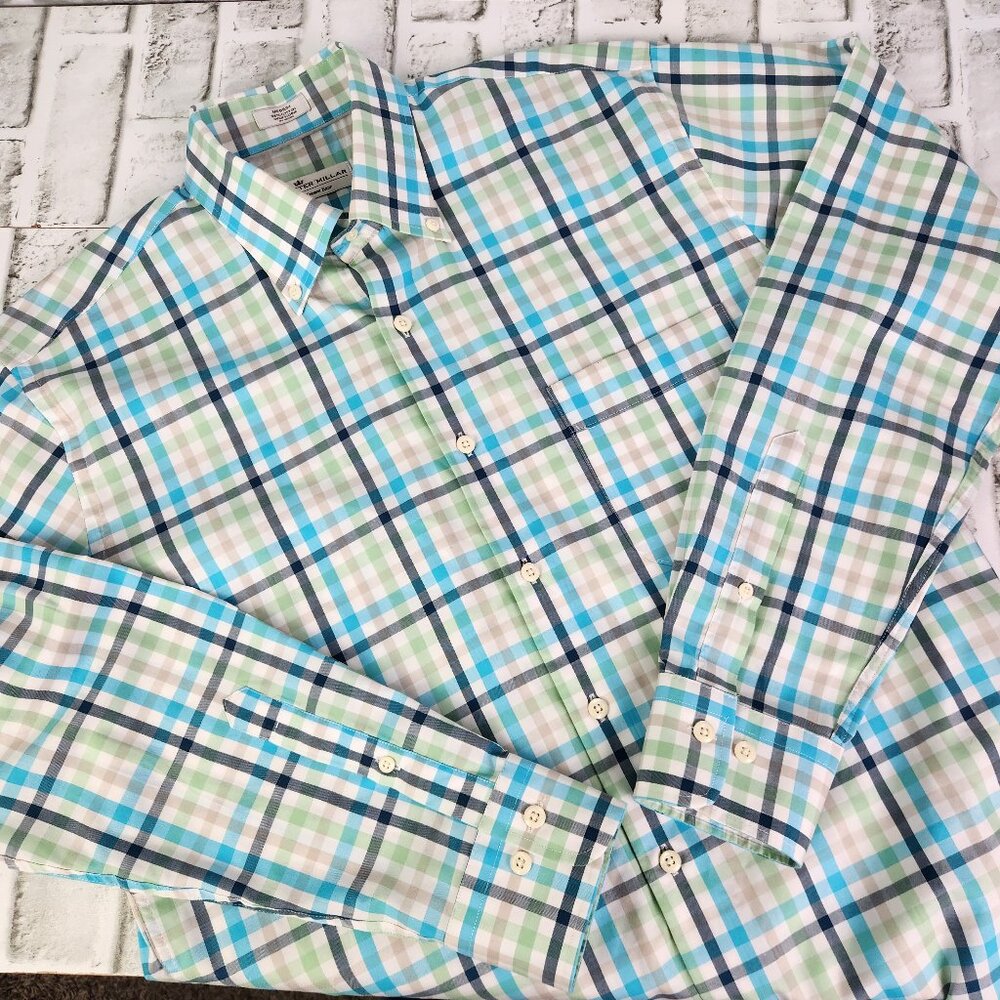 Peter Millar Crown Ease Men's Medium Blue Green Plaid Button Long Sleeve Shirt